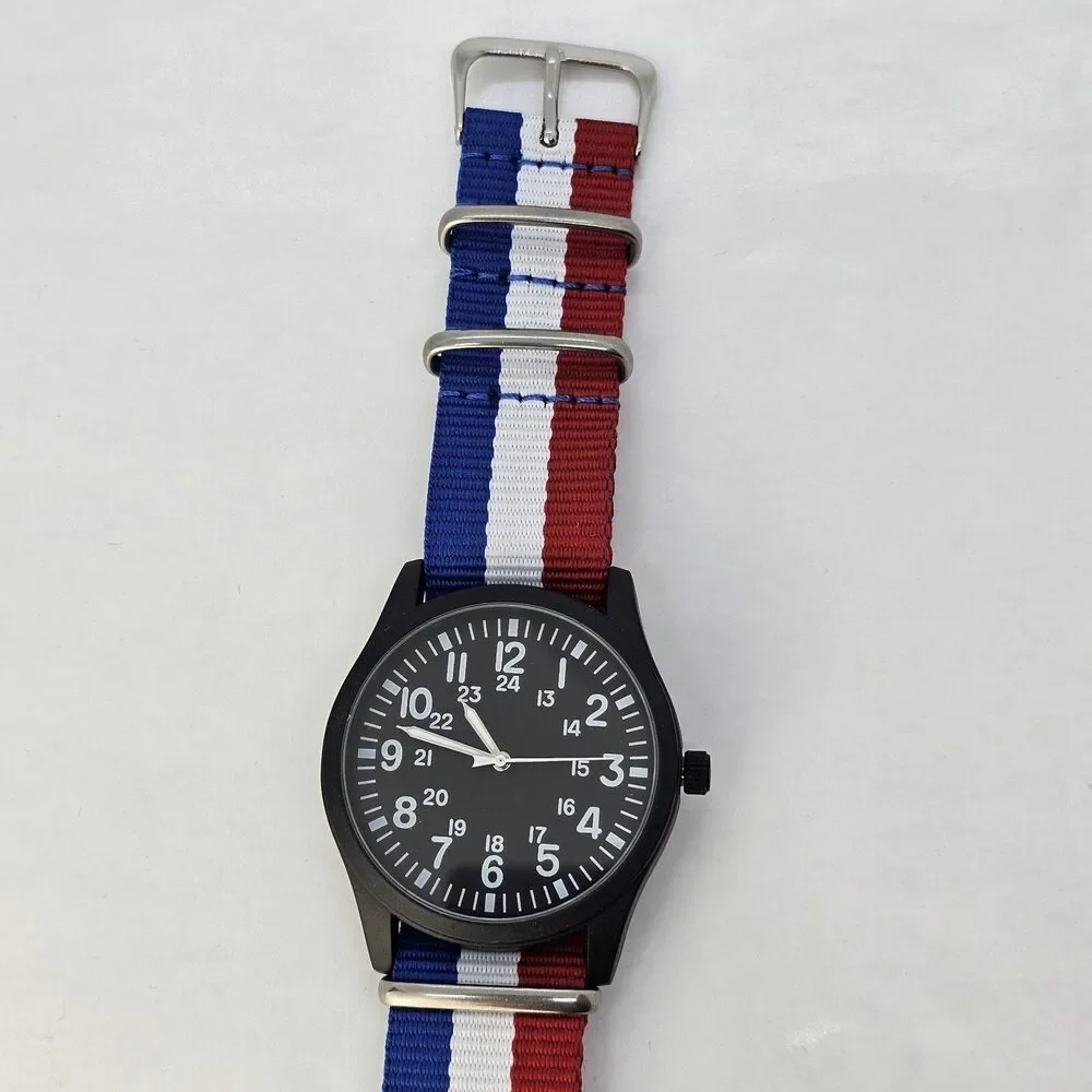 Field Men's Watch 42MM Black Dial Black Case Blue White Red Canvas Band‎ Strap